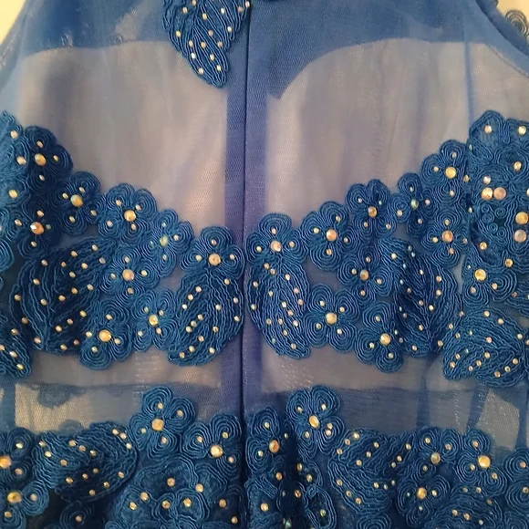 Anny Lee Blue Sequined Lace Wedding Prom Cocktail Evening Gown Dress Small - Picture 9 of 15